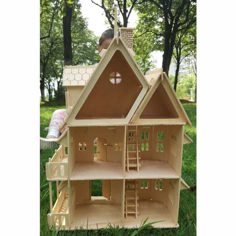 Casa de rompecabezas 3D de madera, casa de muñecas DIY, modelo de villa, casa de muñecas en miniatura ensamblada, juguetes educativos para juego de imitación para niños y niñas