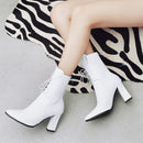 Neue Damen Stiefel Leder Stiefeletten Fashion Lace Up Square High Heels Stiefel Herbst Winter Plus Size Schuhe 2019