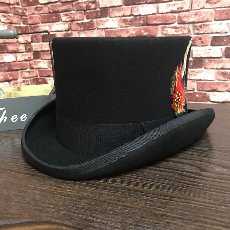 Schwarzer Herren-Fedora-Hut aus Wolle, flacher Hutmacher-Zylinder, traditioneller Präsidenten-Partyhut, Steampunk-Zauberhut mit Feder