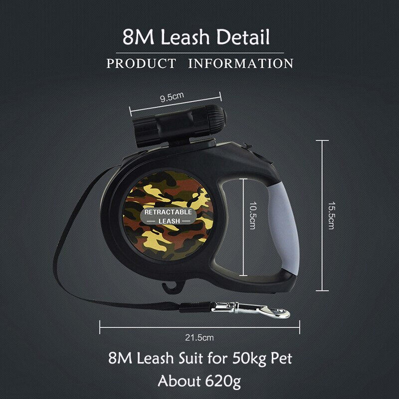 New Arrival 8M 50kg Large Dog Leash Retractable Extending Pet Leash Lead for Big and Medium Dog with LED