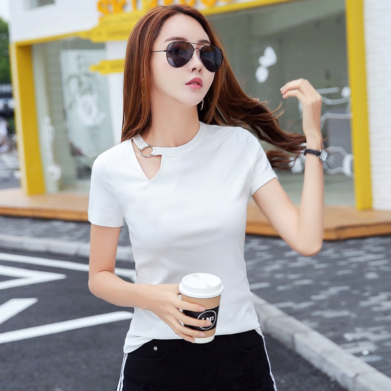 2022Summer Fashion Women T Shirt Hollow Solid Color O-neck Short Sleeved Short Shirt Women Casual Tops Clothing Korean Style