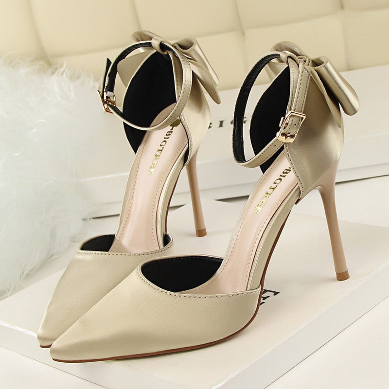 2019 Bow Damenschuhe Spitz Pumps Abendschuhe High Heels Bootsschuhe Hochzeitsschuhe Tenis Feminino Side mit Plus Größe 34-43