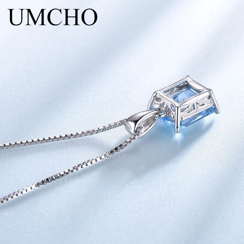 UMCHO Gemstone Nano Blue Topaz Pendants Necklaces for Women Brand Fine Jewelry Genuine 925 Sterling Silver Square Party Jewelry