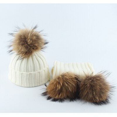 Children Real Fur Pompom Beanie Warm Knitted Hat and Scarf Set Boys Girls Winter Baby Cap