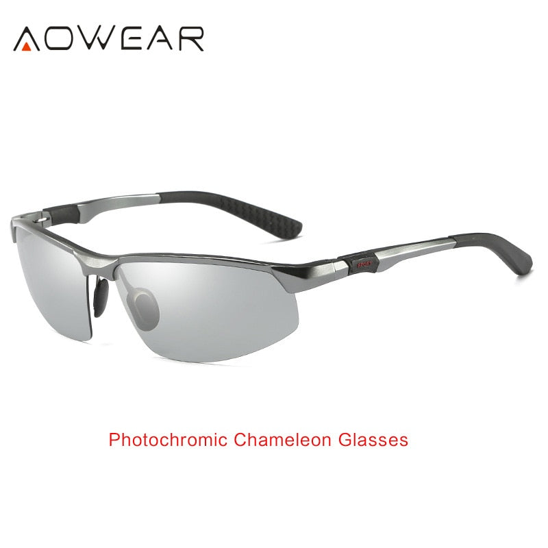 AOWEAR Photochrome Sonnenbrille Herren Polarisierte Tag-Nacht-Fahrbrille Hochwertige randlose Chamäleon-Brille aus Aluminium Gafas