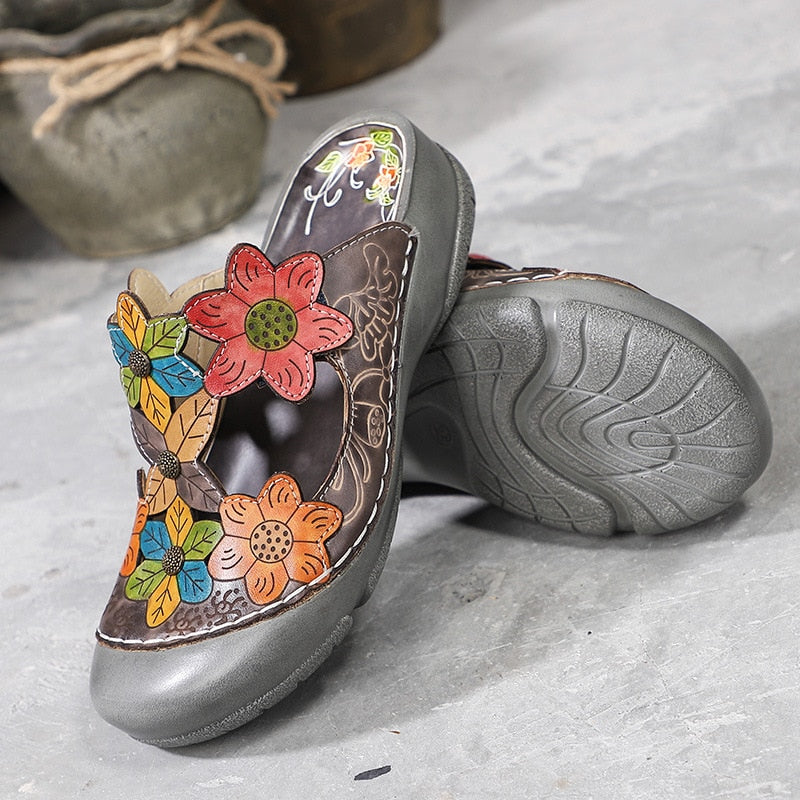 GKTINOO Blumenhausschuhe Echtes Leder Schuhe Handgemachte Rutschen Flip Flop Auf Der Plattform Clogs Für Frauen Frau Hausschuhe Plus Größe