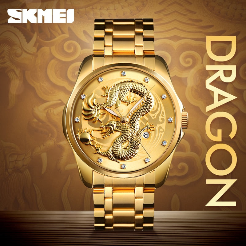 2020 SKMEI lujo dragón chino patrón hombres reloj de cuarzo dorado relojes masculinos relojes de pulsera impermeables Relogio Masculino 9193