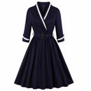 Große Größe 4XL 3XL Herbst Frauen Retro Kleid 50er 60er Jahre Vintage Rockabilly Swing Feminino Vestidos V-Ausschnitt 3/4 Ärmel Midi Kleider