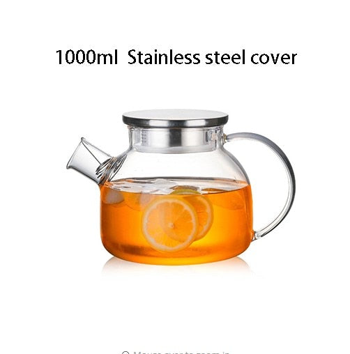 1000ml/1800ml Glass Kettle Water Jug Heat Resistant Flower Teapots with Bamboo Lid Stainless Steel Cover Clear Juice Container