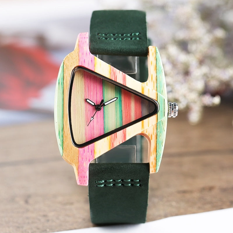 Reloj de madera colorido único, Reloj creativo con forma de triángulo, Reloj de hora para Mujer, pulsera de cuero de cuarzo, Reloj de pulsera para Mujer