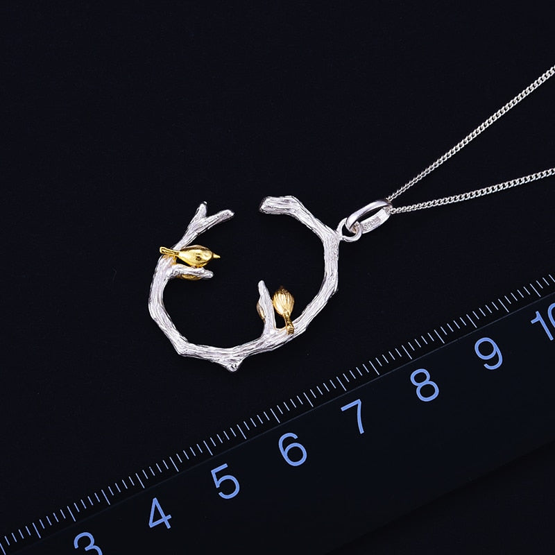 Lotus Fun Real 925 Sterling Silver Natural Original Fine Jewelry 18K Gold Bird on Branch Pendant without Necklace for Women Gift