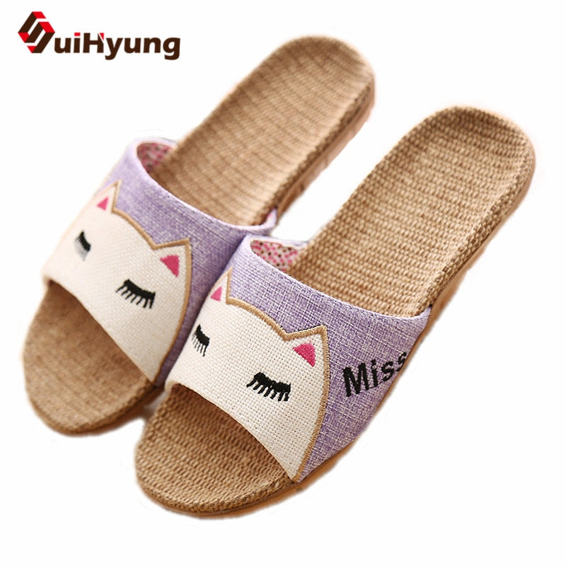 Suihyung Flax Slippers Women Summer Beach Shoes Cute Cat Flip Flops Breathable Slides Girls Indoor Linen Slippers Female Sandals