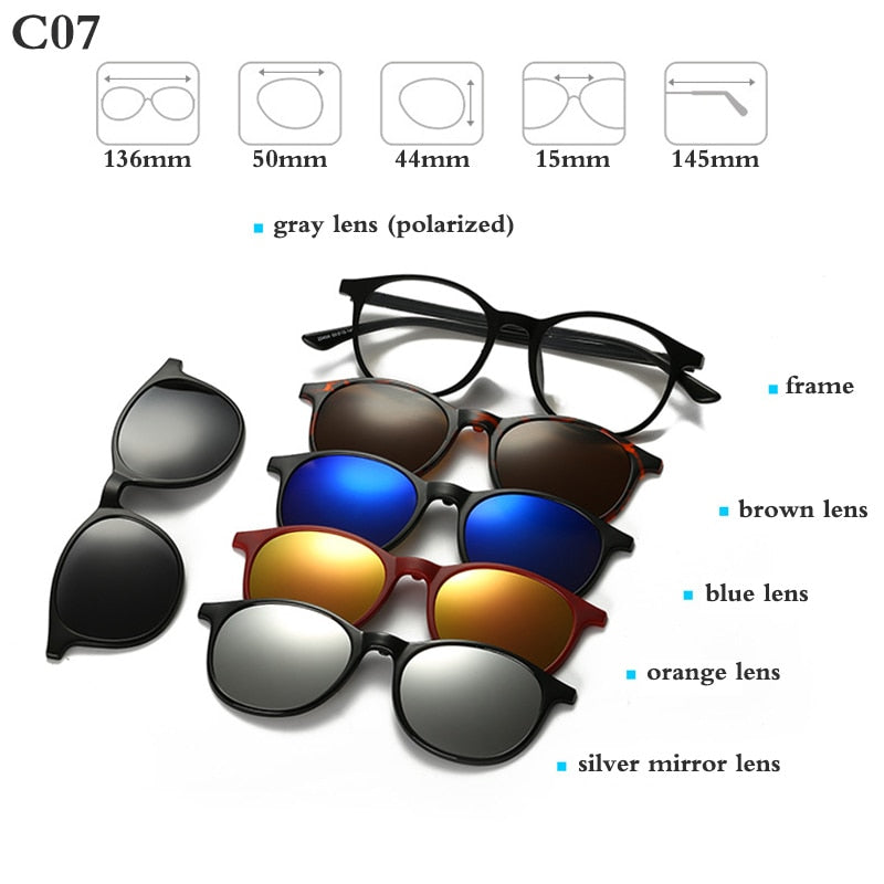 Montura de gafas ópticas de moda para hombres y mujeres con 5 Clip en gafas de sol magnéticas polarizadas para gafas de miopía masculina RS159