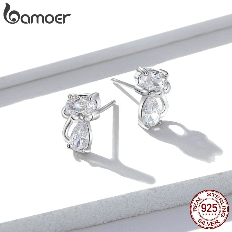 Bamoer Cat Silver Stud Pendientes Plata de ley 925 Clear CZ Lindo Animal Ohrringe Hipoalergénico Mujer Regalo Brincos BSE206