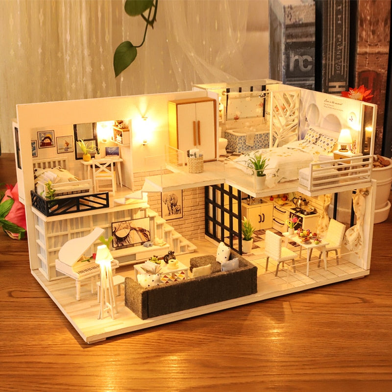 Cutebee DIY Doll House Miniature with Furniture LED Music Dust Cover Model Building Blocks Toys for Children Casa De Boneca M21