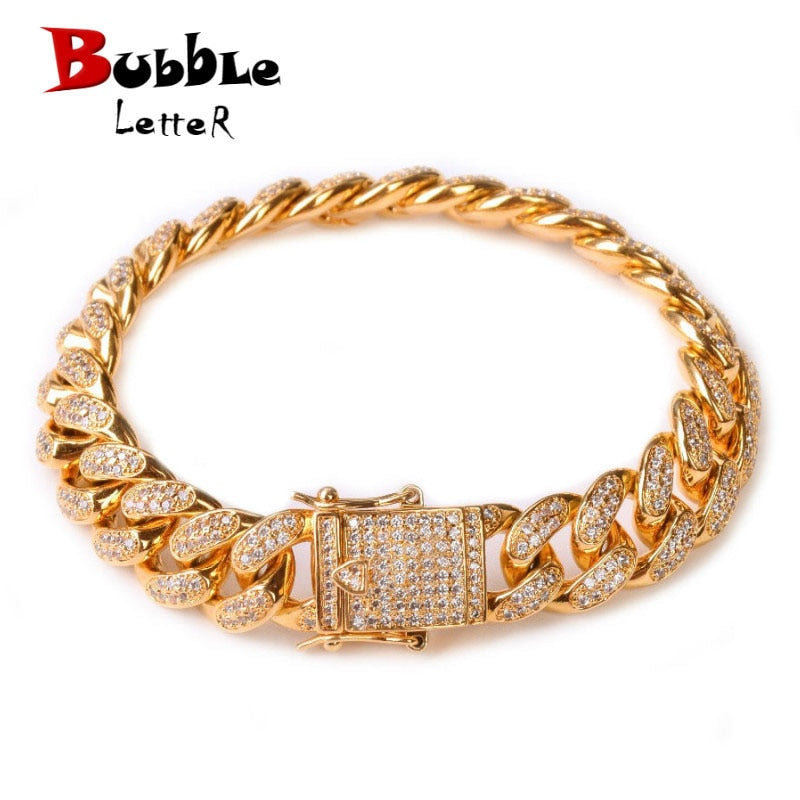 Bubble Letter Miami Cuban Link Pulsera para hombres Joyas de hip hop chapadas en oro real