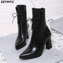 Neue Damen Stiefel Leder Stiefeletten Fashion Lace Up Square High Heels Stiefel Herbst Winter Plus Size Schuhe 2019