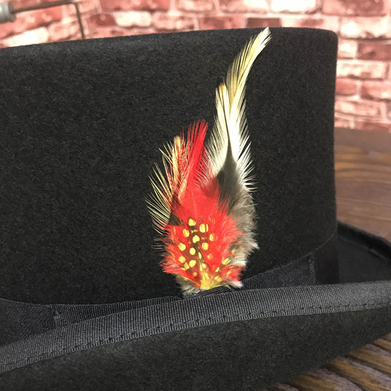 Black Men Woolen Fedora Hat Flat Mad Hatter Top Hat Traditional President Party Hat Steampunk Magic Hat with feather