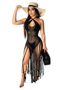 JRRY Long Tassels Knitted Cover Ups Vestidos Halter String Back Crochet Vestido de playa Hasta el tobillo Patrón sólido Punto Ropa al aire libre