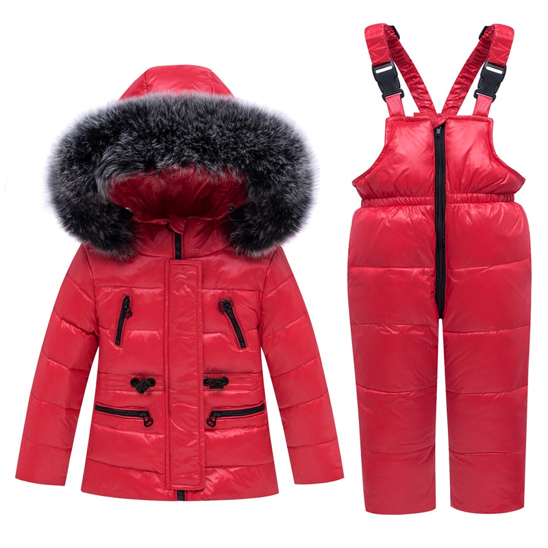 Traje de esquí de invierno para niños, conjunto de ropa cálida a prueba de viento para niños, chaqueta + mono, conjunto de ropa para niños de 0 a 4 años, trajes de nieve para niños, piel Real