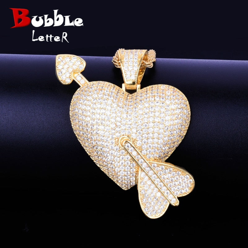 Heart Arrow Pendant Necklace Gold Color AAA Cubic Zircon Men's Hip Hop Rock Jewelry