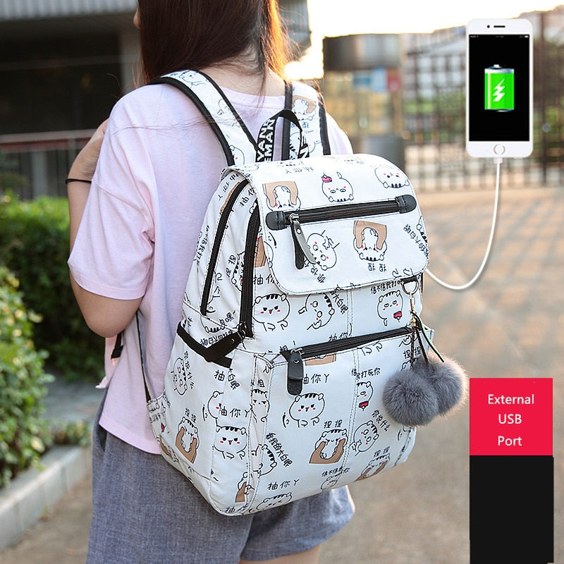 OKKID Schultaschen für Mädchen weiblicher Laptop-Rucksack USB-Rucksack Kinderrucksäcke süße Katze Schulrucksack für Mädchen Taschenpack