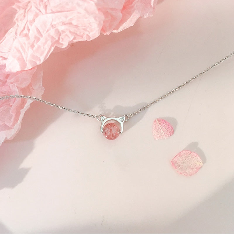 XIYANIKE Natural Strawberry Crystal Necklace Cute Cat Ears Styling Clavicle Chain Sweet Engagement Jewelry For Women Gifts New