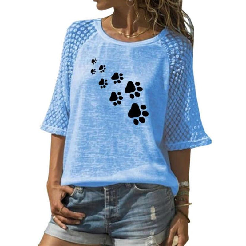 Neue Mode T-Shirt für Frauen Spitze Rundhals T-Shirt Hundepfote Buchstaben drucken T-Shirt Frauen Tops Sommer Grafik T-Shirts Streetwear