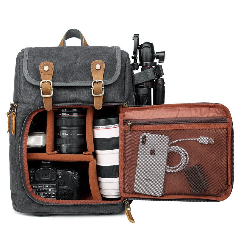 Bolsa de fotografía de tela de lona Batik de alta capacidad, mochila impermeable para exteriores con hombros para cámara para Canon, Nikon, Sony, DSLR y SLR