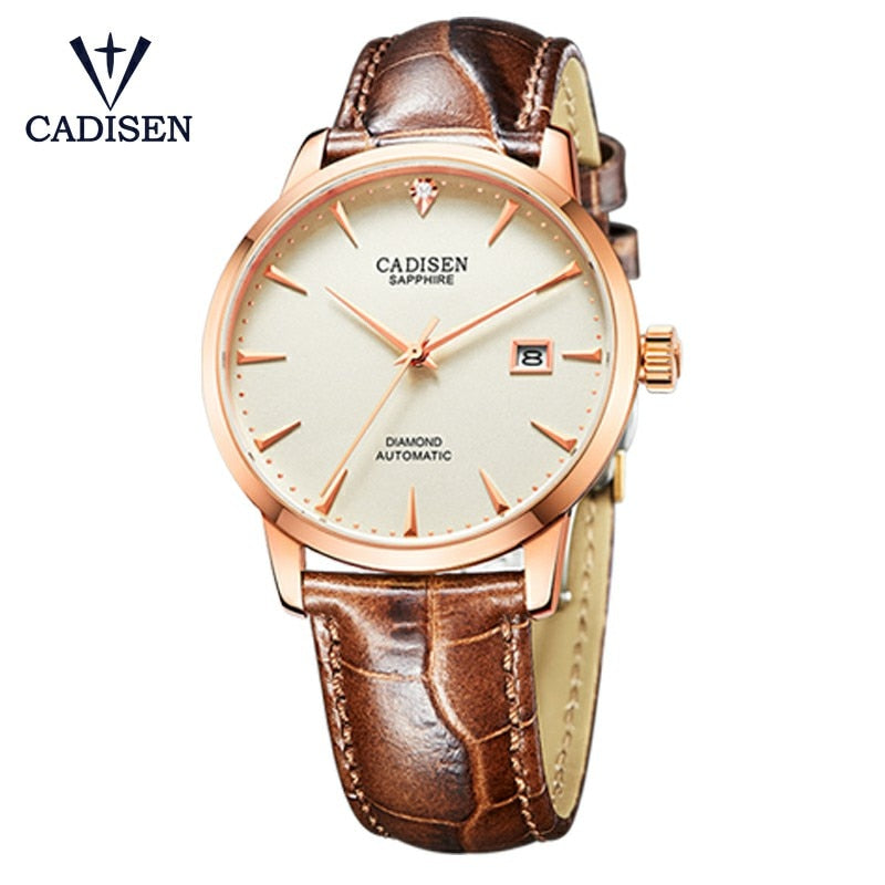 CADISEN Herrenuhren Automatische mechanische Armbanduhr MIYOTA 9015 Top-Marken-Luxus-Uhr mit echten Diamanten, gebogene Saphirglasuhr