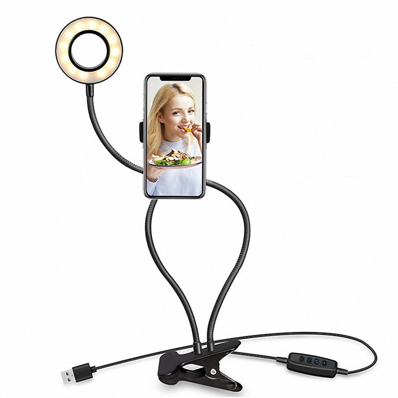 Flexible Monopod Mount Bracket with LED Ring Flash Light Lamp Tabletop Stand Tripods with Mobile Phone Holder for Video Bloggers