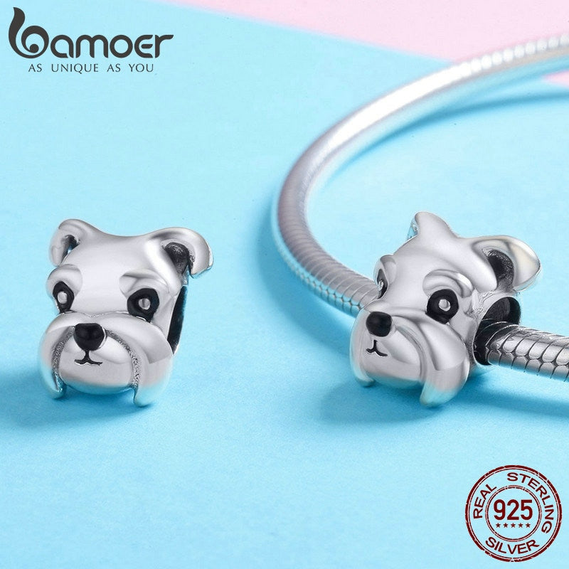 BAMOER 100% Plata de Ley 925 encantador Animal Schnauzer perro encanto cuentas ajuste mujeres encanto pulseras y collares joyería DIY SCC835