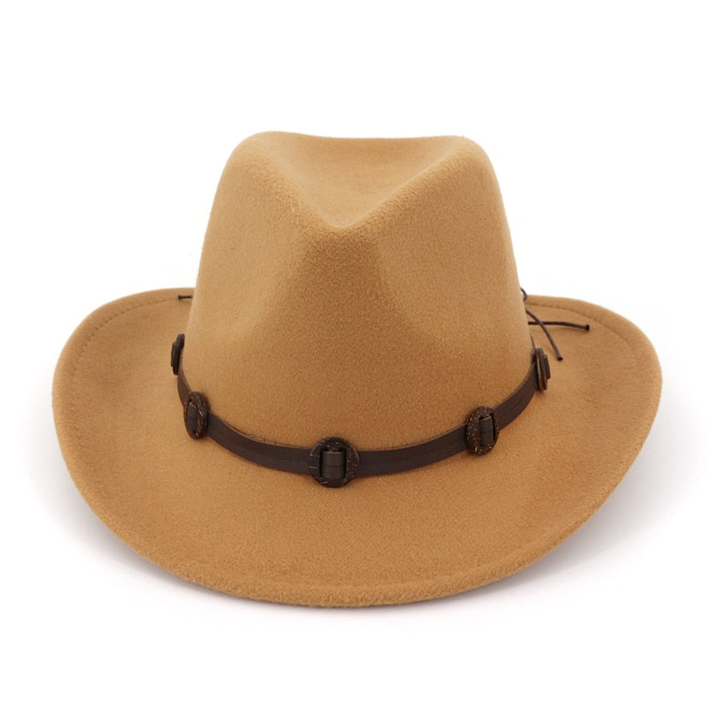 Western Cowboy Cowgirl Fedora Hats with Leather band Men Women Wide Brim Sunhat Felt Jazz Panama cap Trilby Party Fedoras