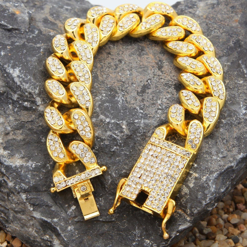 2cm HipHop-Goldfarbe Iced Out Crystal Miami Cuban Chain Gold Silberfarbe Halskette &amp; Armband-Set HEISSER VERKAUF DER HIPHOP-KÖNIG