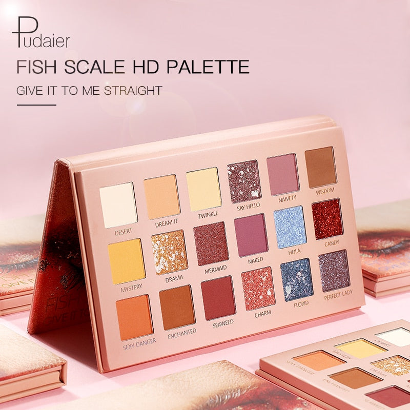 Pudaier 18 colores Paleta de sombras de ojos Variedad Sirena Paleta de sombras Brillo Sombra de ojos Alta calidad Impermeable de sombra mate