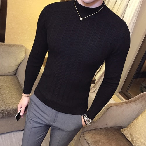 Pullover Herren Pullover 2022 Korean Casual Striped Solid Pullover Herren Halbhoher Kragen Stretch Enger Pullover Slim Fit Strickoberteile