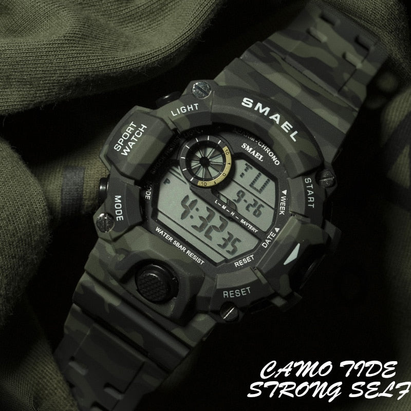 Reloj para hombre 50m resistente al agua SMAEL reloj de lujo para hombre relojes luminosos LED reloj de camuflaje banda 1385C relojes de pulsera digitales militares