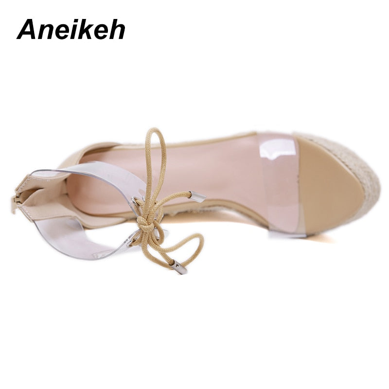 Aneikeh Fashion PVC Sandale Damen Transparent Lace-Up Butterfly-Knot Wedges High Heels Schwarz Gold Party Täglich Pumps Schuhe Concise