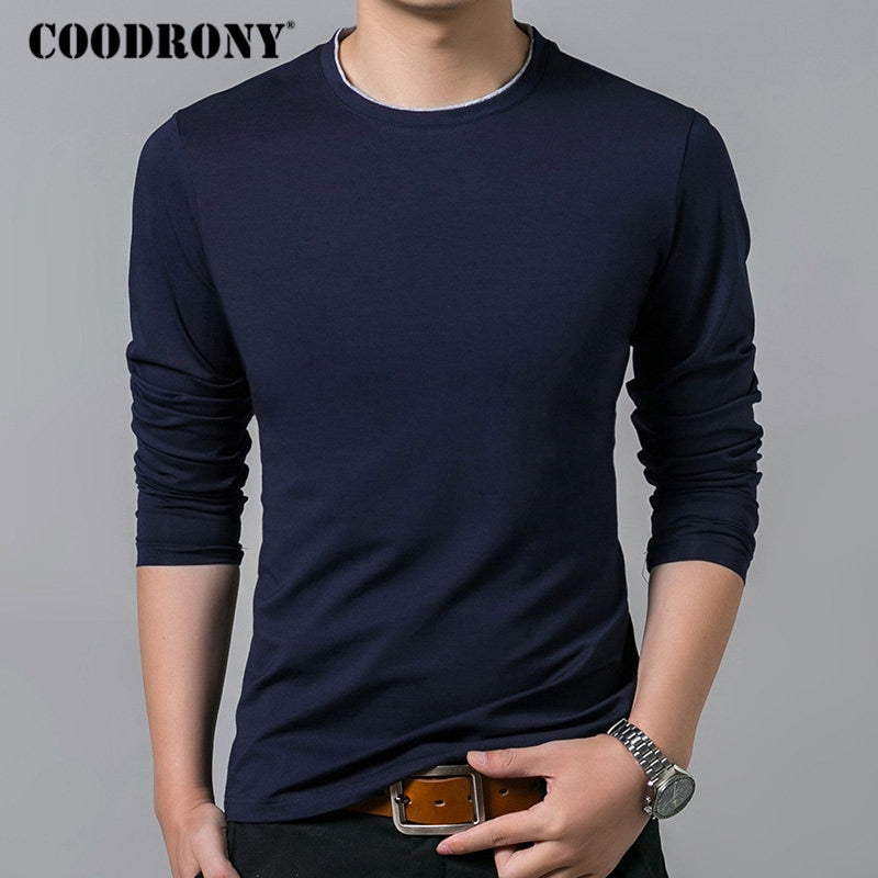 COODRONY, camiseta para hombre, otoño 2019, camiseta informal de manga larga que combina con todo, cuello redondo, ropa de marca para hombre, camisetas de algodón suave, Tops 8617