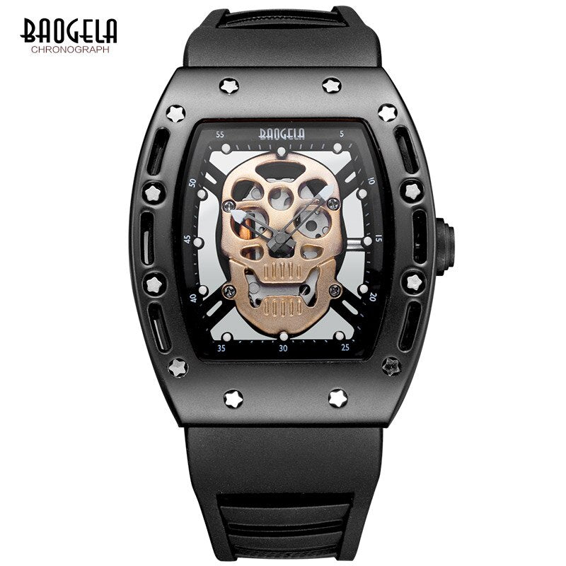 Baogela Fashion Mens Skeleton Skull Luminous Quartz Watches Military Style Black Silicone Rectangle Dial Armbanduhr für Man1612