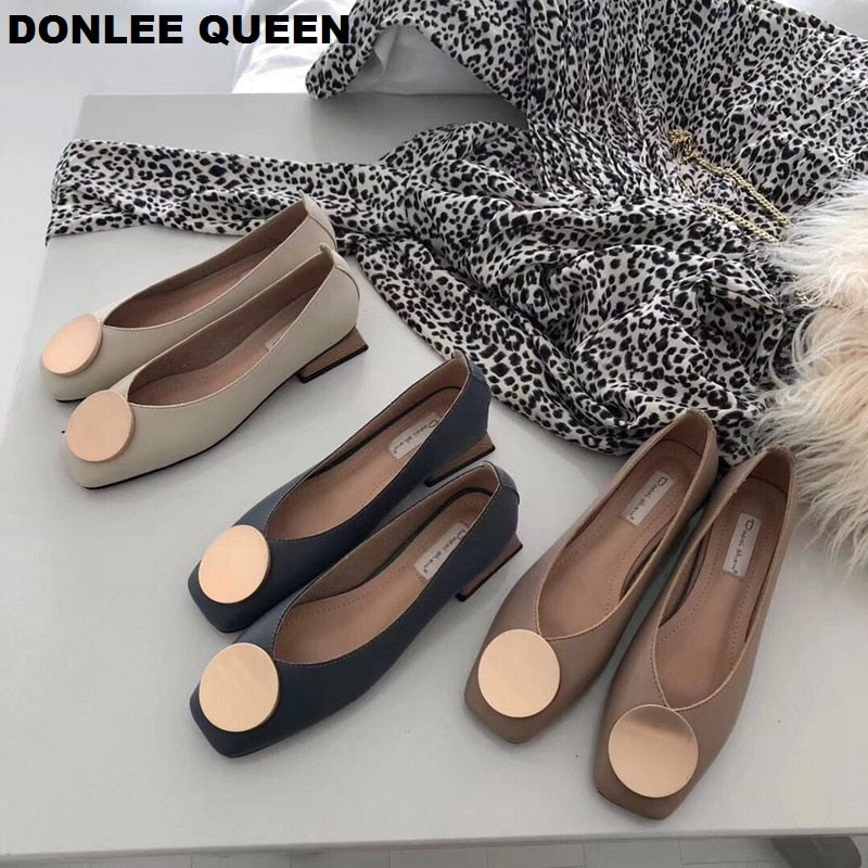 DONLEE QUEEN Women Flats Shoes Low Wooden Heel Ballet Square Toe Shallow Buckle Brand Shoes Slip On Loafer Big Size 35- 41 Mujer