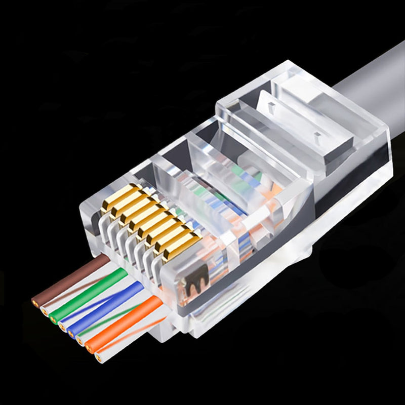OULLX 20/50/100 Uds conector RJ45 6U chapado en oro paso a través de Cables Ethernet módulo enchufe red RJ-45 cabezas de cristal Cat5 Cat5e