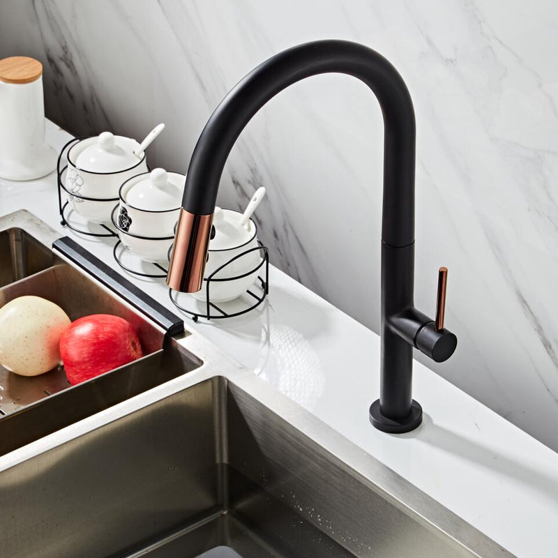 LANGYO Black White Kitchen Faucet 360Ronating Blackend Sink Tap Cold and Hot Kitchen Mixer Tap Blackened Pull Out Kitchen Mixer