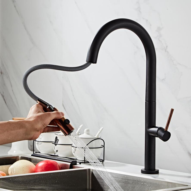 LANGYO Black White Kitchen Faucet 360Ronating Blackend Sink Tap Cold and Hot Kitchen Mixer Tap Blackened Pull Out Kitchen Mixer