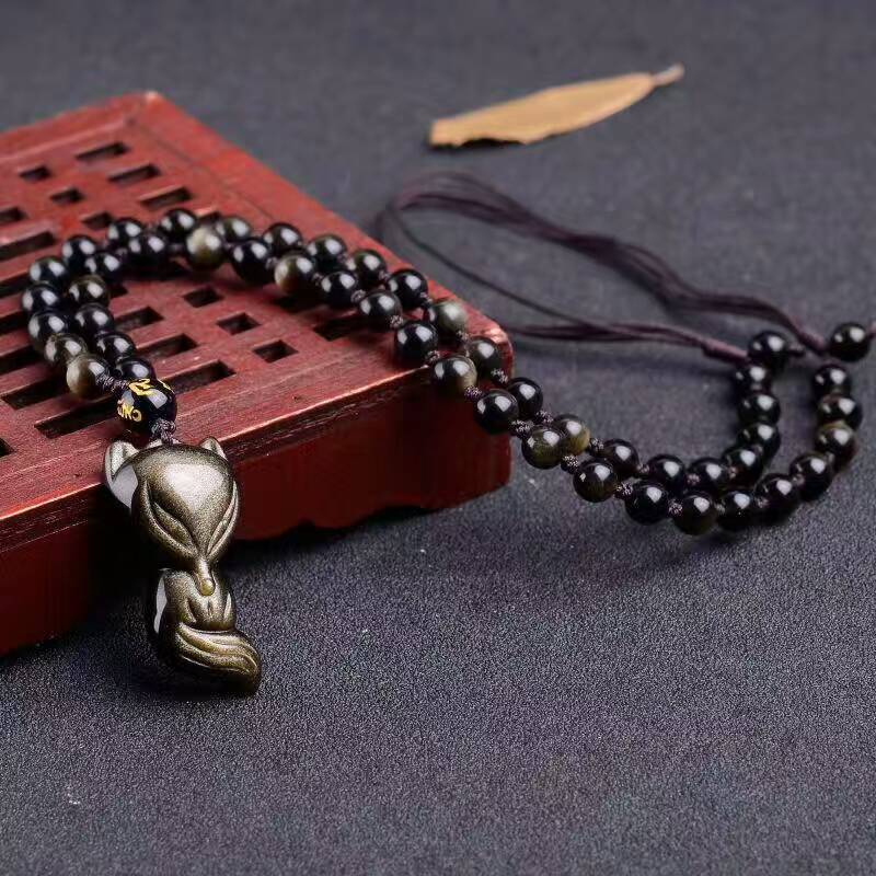 Wholesale Gold Black Natural Obsidian Stone Necklace Nine Tail Lucky Fox Pendant For Women Men Fashion Jewelry JoursNeige