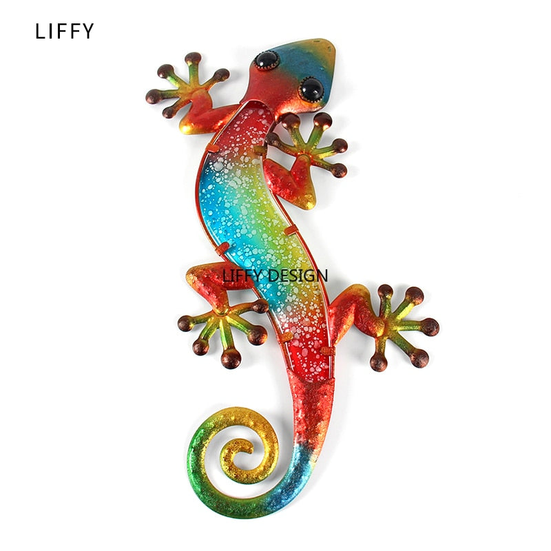 Metal Red Gecko Wall Decoration with Glass for Home and Garden Statues Sculptures Miniatures Fairy Jardín Ornaments Patio Yard