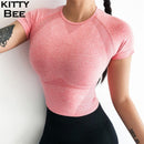 Nahtloses Crop Top Frauen Sport Shirt Yoga Top Fitness Frauen Sport Top Gym Kurzarm Workout Shirt Sportbekleidung für Frauen Gym