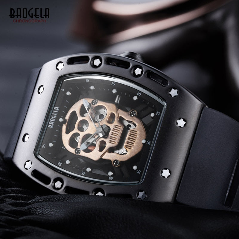 Baogela Fashion Mens Skeleton Skull Luminous Quartz Watches Military Style Black Silicone Rectangle Dial Wristwatch for Man1612