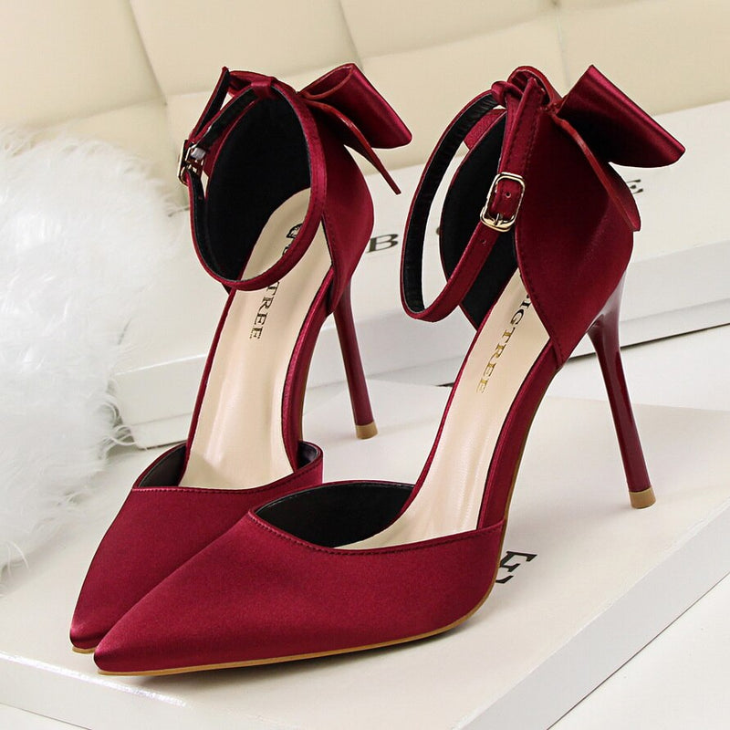 2019 Bow Damenschuhe Spitz Pumps Abendschuhe High Heels Bootsschuhe Hochzeitsschuhe Tenis Feminino Side mit Plus Größe 34-43