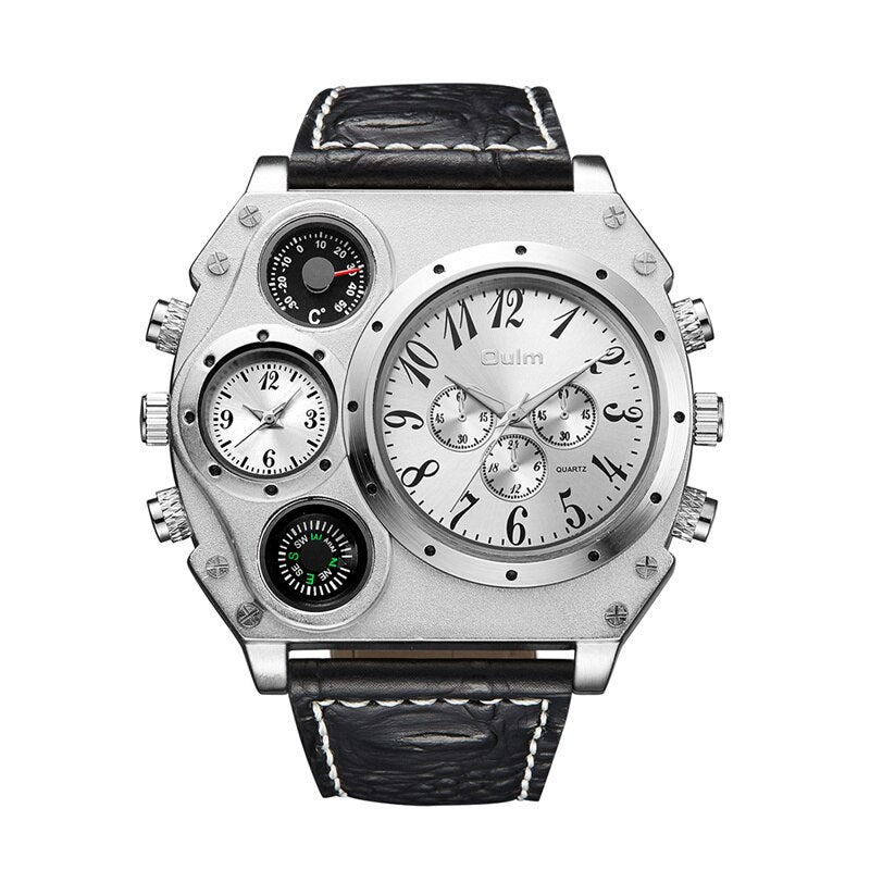 Relojes deportivos Oulm, reloj de cuarzo de estilo súper grande, reloj de pulsera de PU para hombre con doble zona horaria, termómetro decorativo, brújula